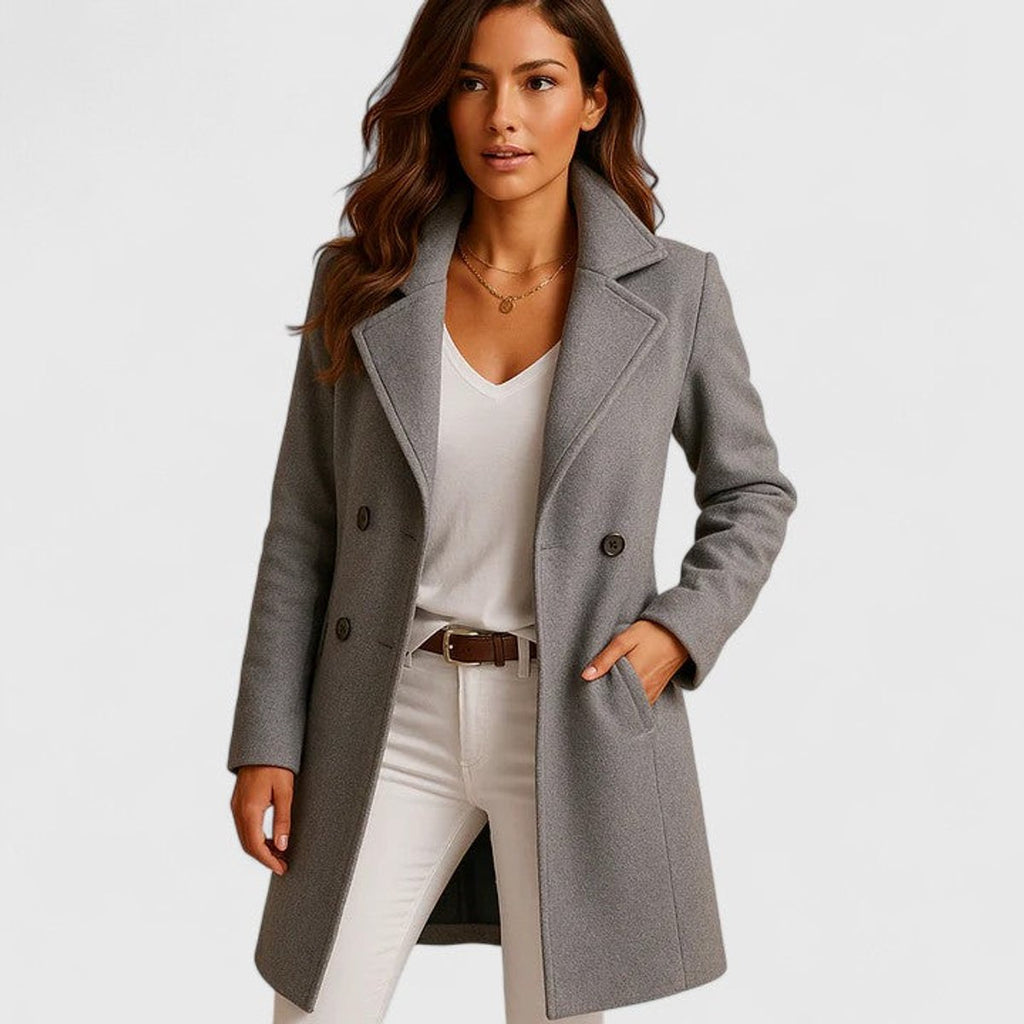 Women's Elegant Long Button-Front Notch Lapel Coat - Gray