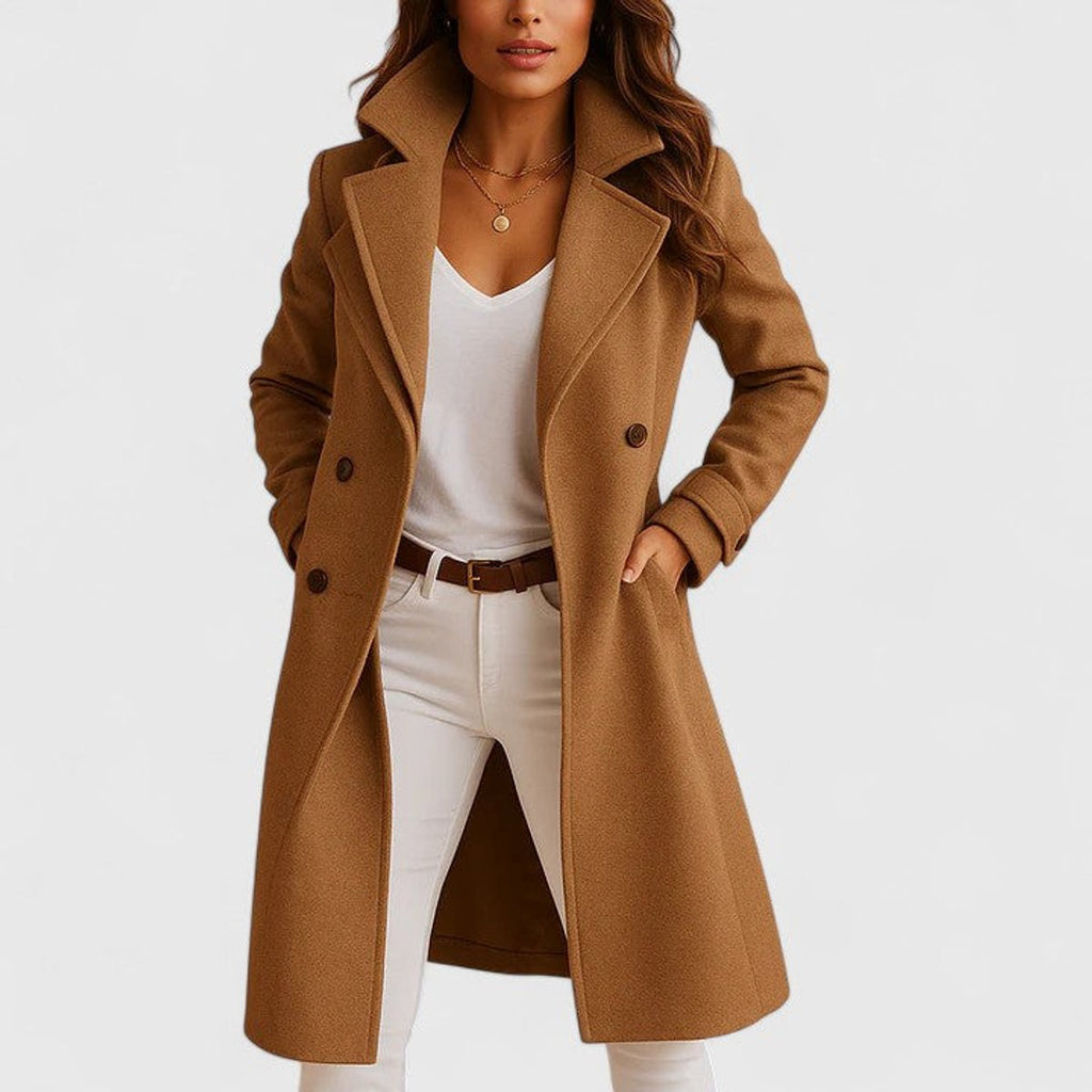 Women's Elegant Long Button-Front Notch Lapel Coat - Camel