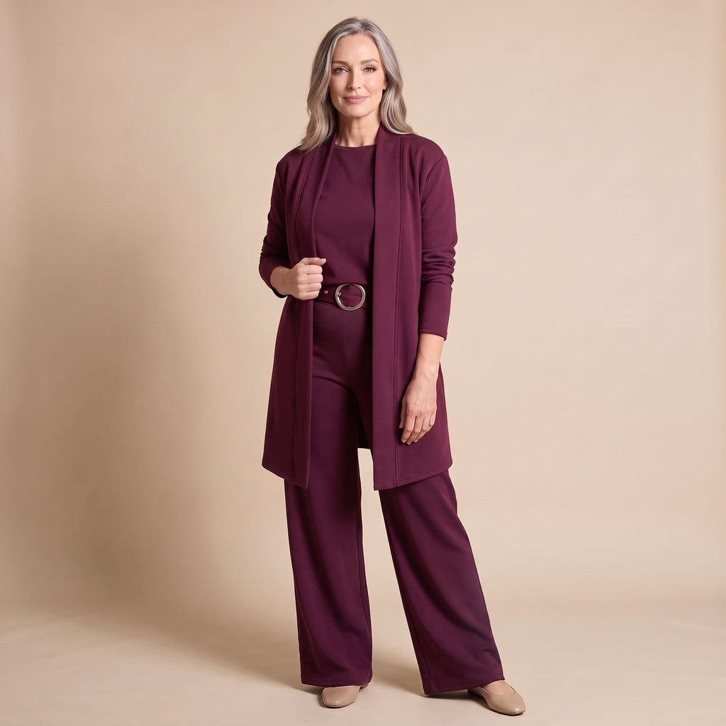 Women's Elegant Longline Cardigan 3-Piece Top Pants Set