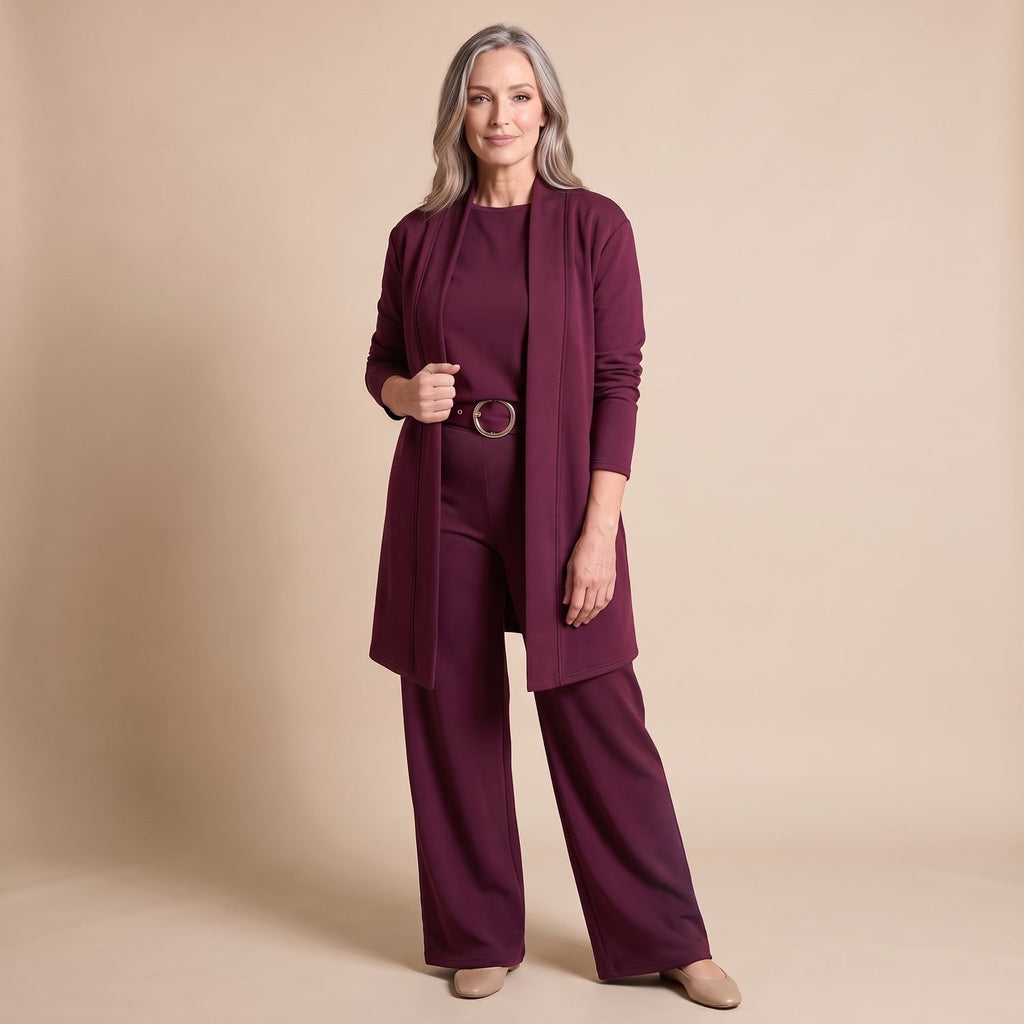 Women's Elegant Longline Cardigan 3-Piece Top Pants Set