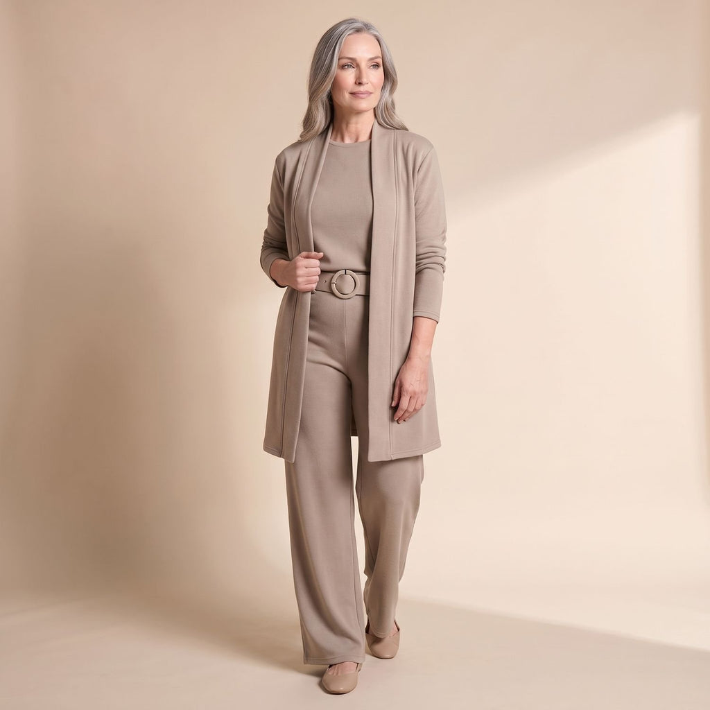 Women's Elegant Longline Cardigan 3-Piece Top Pants Set - Brown
