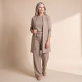 Women's Elegant Longline Cardigan 3-Piece Top Pants Set - Brown