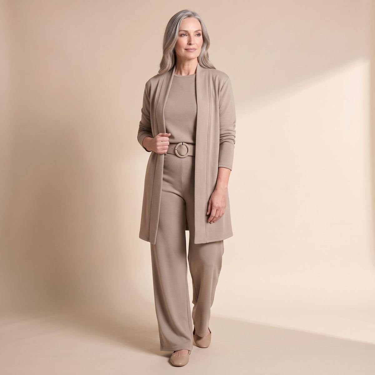Women's Elegant Longline Cardigan 3-Piece Top Pants Set - Brown
