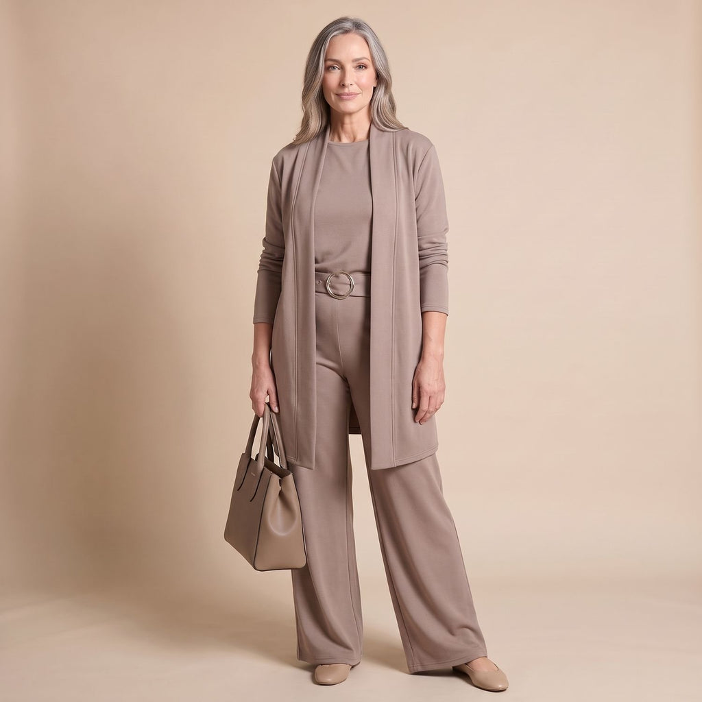 Women's Elegant Longline Cardigan 3-Piece Top Pants Set - Navy