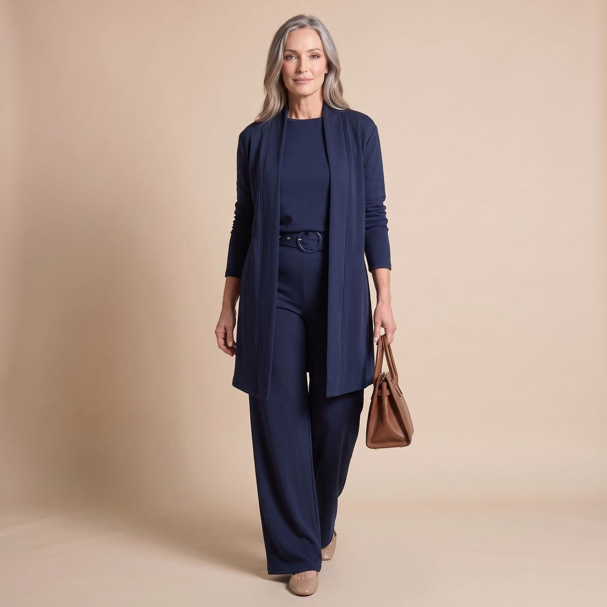 Women's Elegant Longline Cardigan 3-Piece Top Pants Set - Burgundy