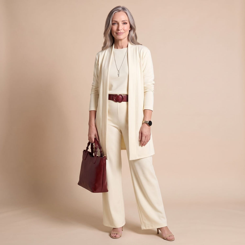 Women's Elegant Longline Cardigan 3-Piece Top Pants Set - White