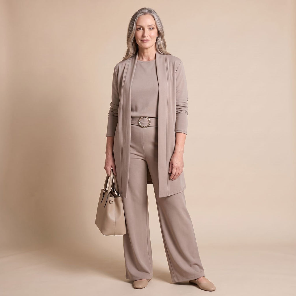 Women's Elegant Longline Cardigan 3-Piece Top Pants Set