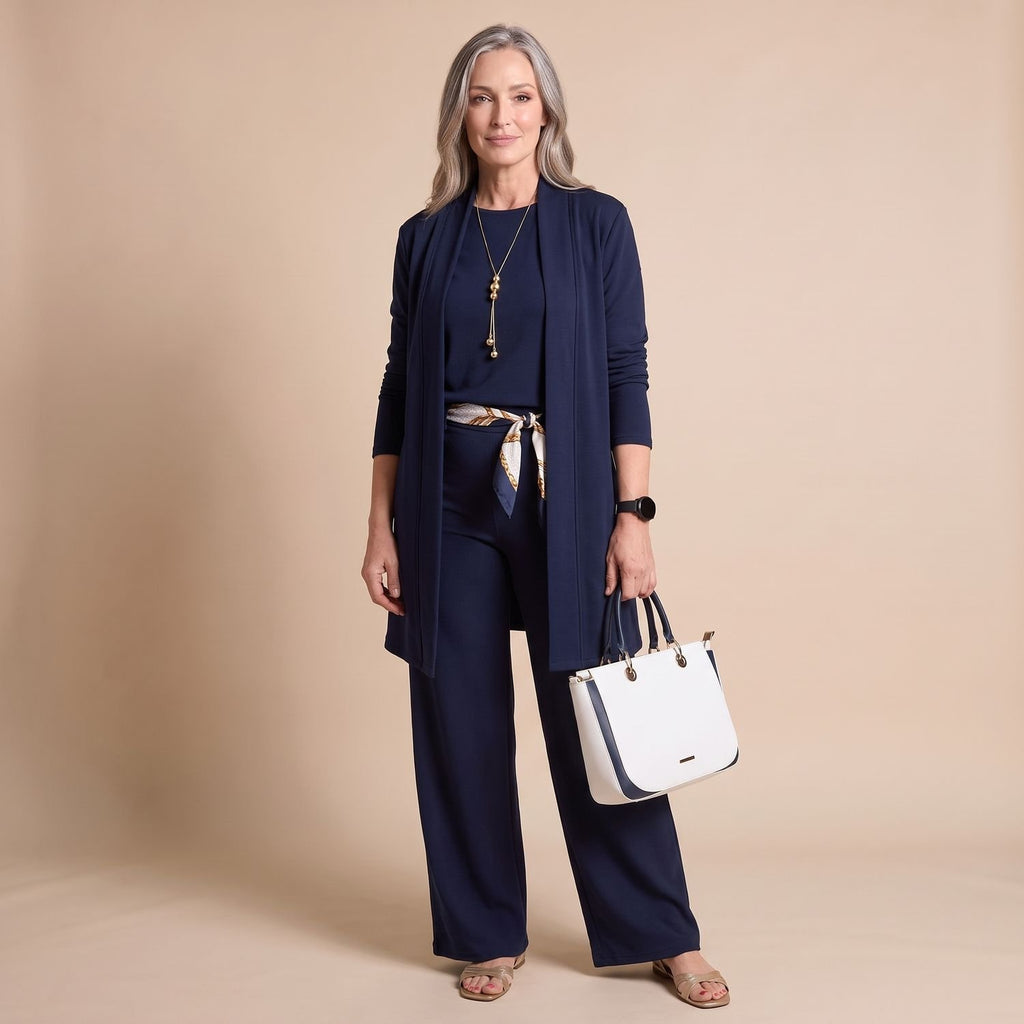 Women's Elegant Longline Cardigan 3-Piece Top Pants Set