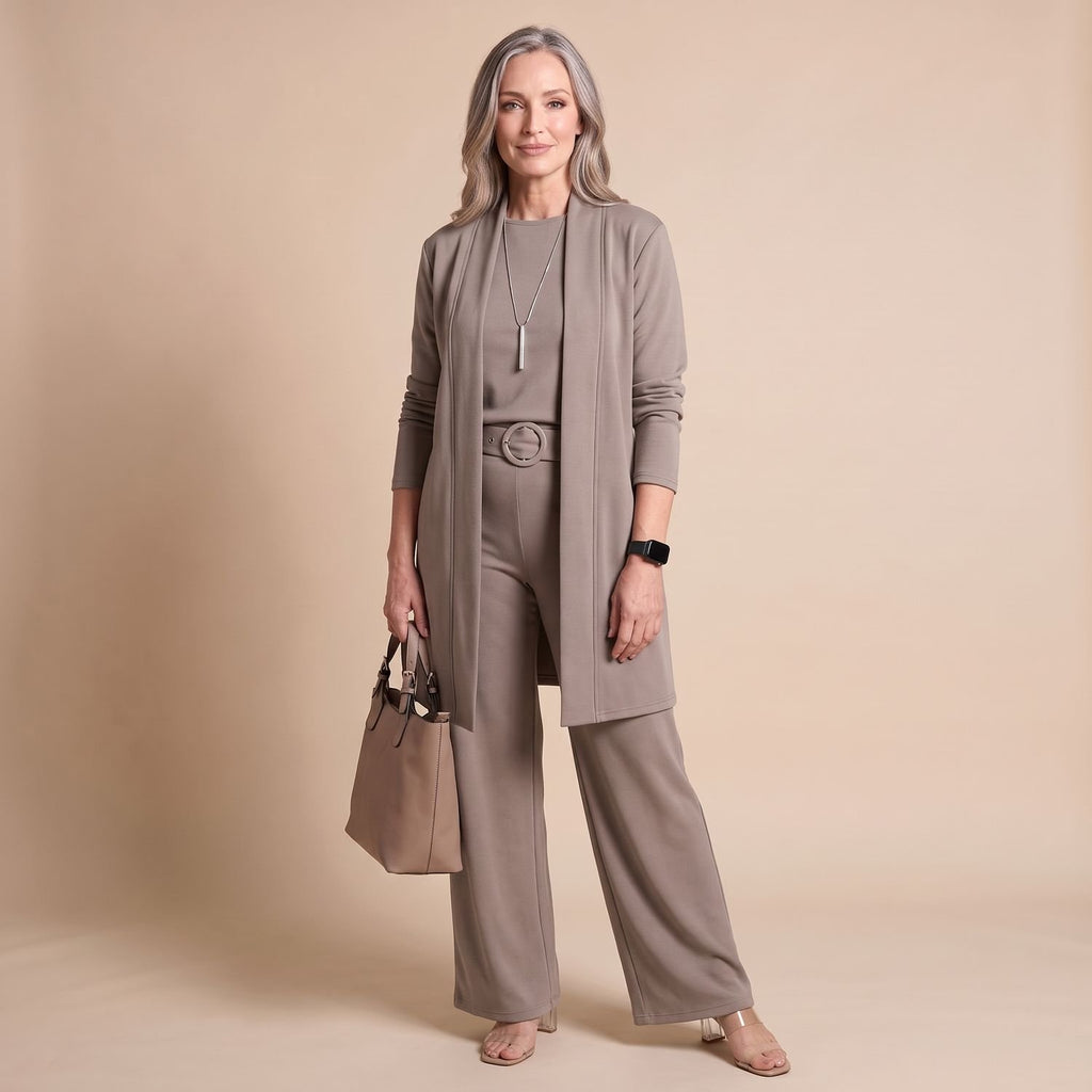 Women's Elegant Longline Cardigan 3-Piece Top Pants Set