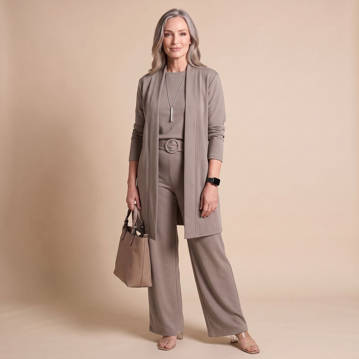 Women's Elegant Longline Cardigan 3-Piece Top Pants Set