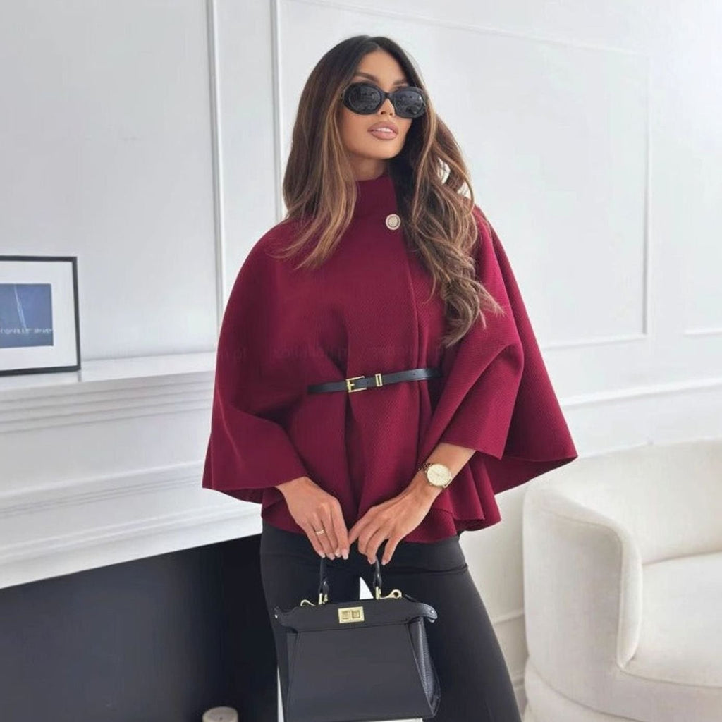 Women's Elegant Mock-Neck Belted Cape Jacket - Red
