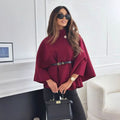 Women's Elegant Mock-Neck Belted Cape Jacket - Red
