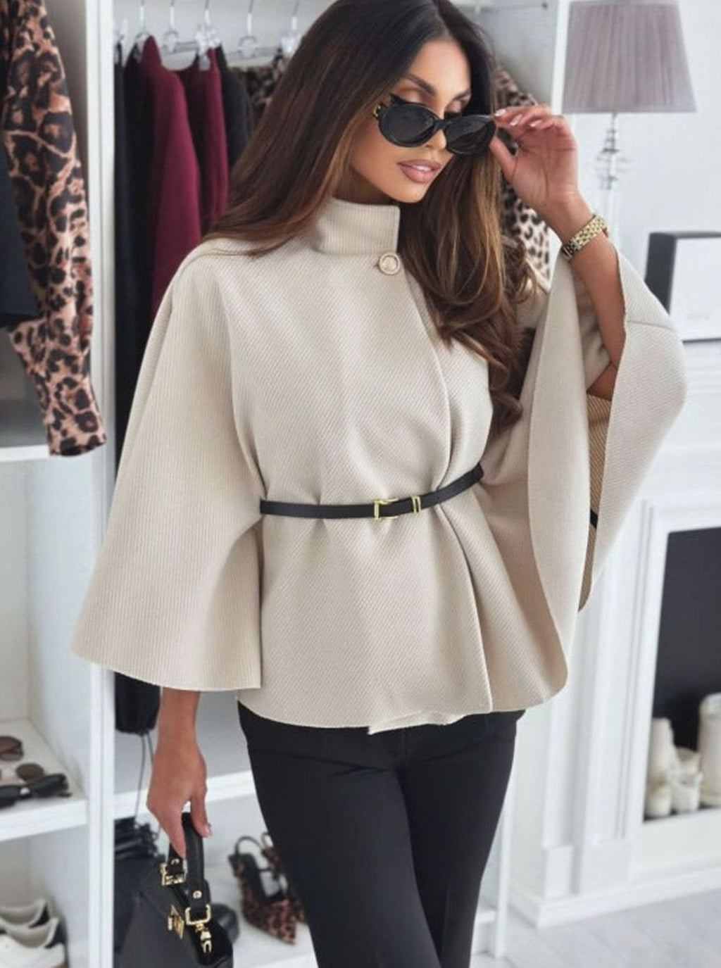 Women's Elegant Mock-Neck Belted Cape Jacket - Khaki