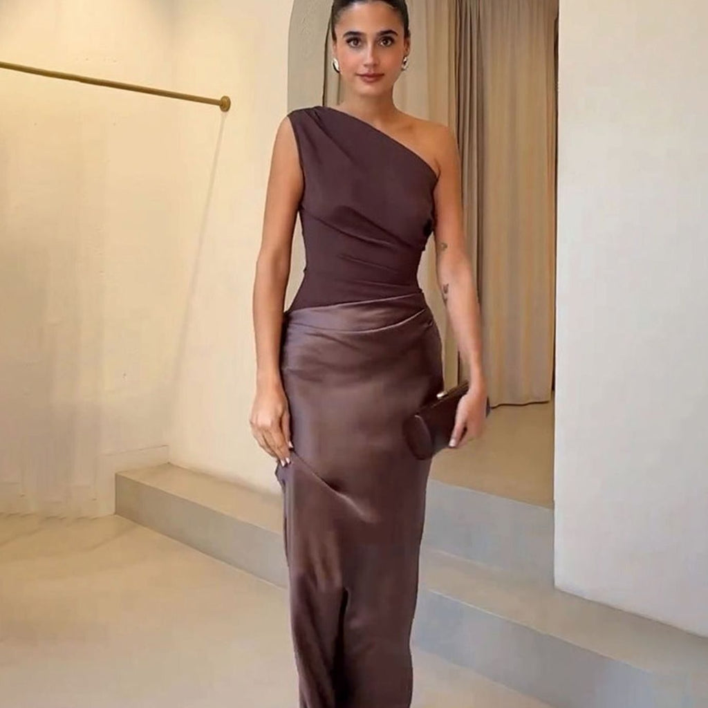 Women's Elegant One-Shoulder Ruched Satin Maxi Dress