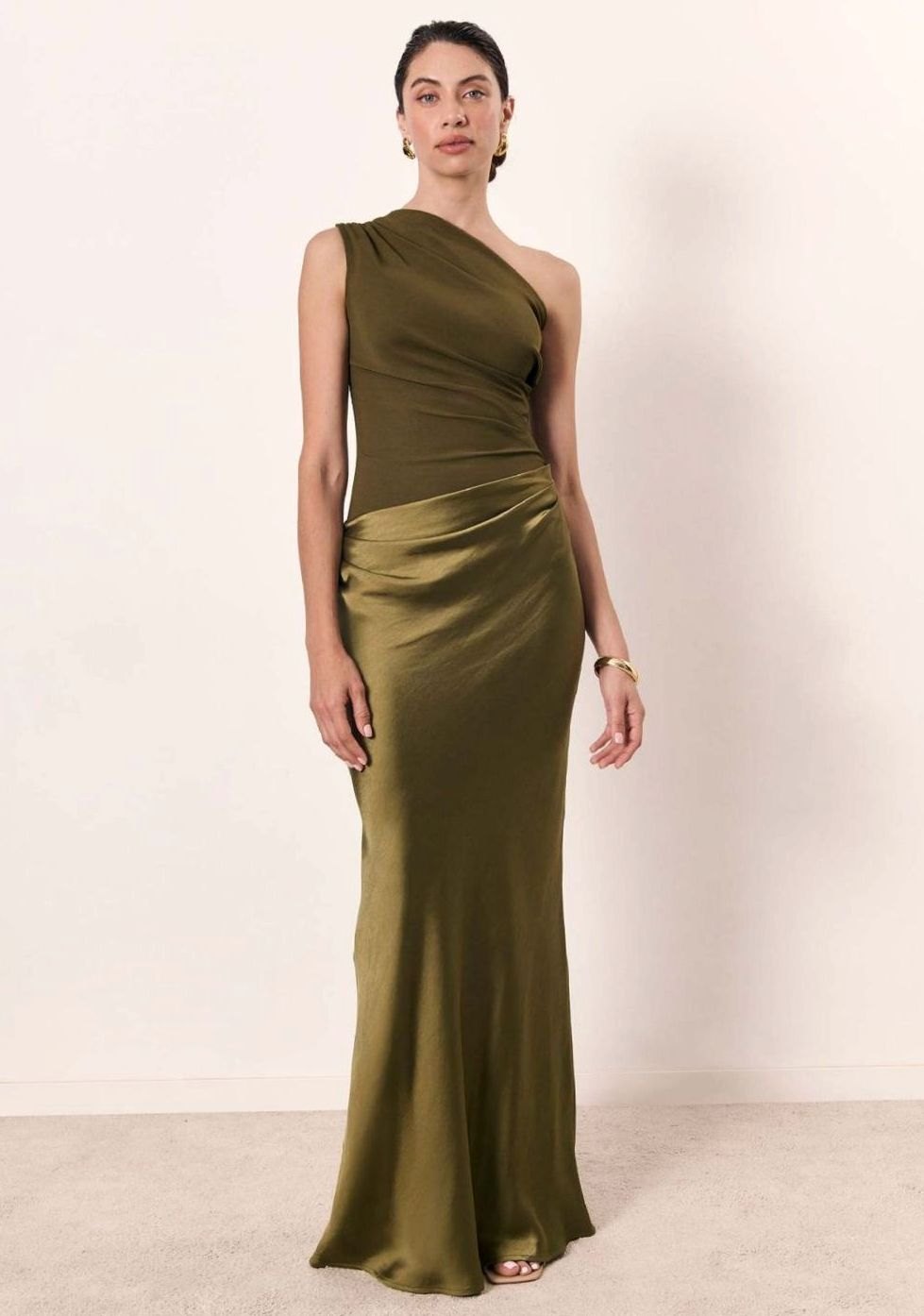Women's Elegant One-Shoulder Ruched Satin Maxi Dress