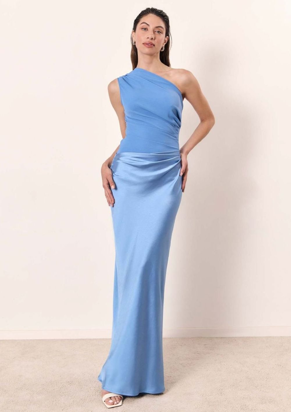Women's Elegant One-Shoulder Ruched Satin Maxi Dress
