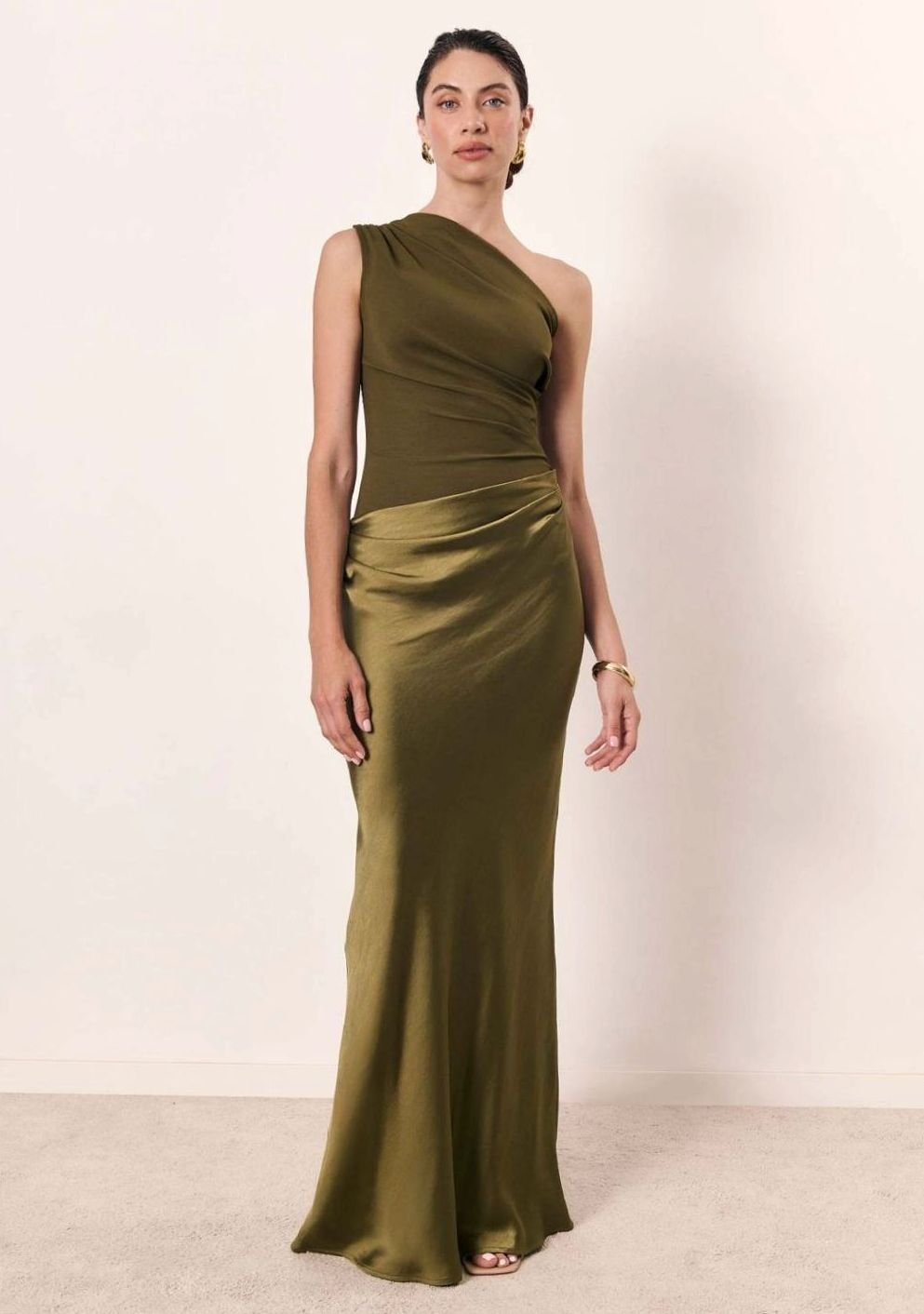 Women's Elegant One-Shoulder Ruched Satin Maxi Dress