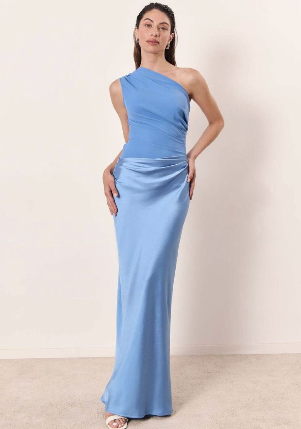 Women's Elegant One-Shoulder Ruched Satin Maxi Dress