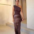 Women's Elegant One-Shoulder Ruched Satin Maxi Dress - Dark Brown