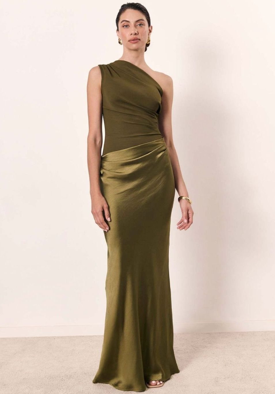 Women's Elegant One-Shoulder Ruched Satin Maxi Dress - Matcha
