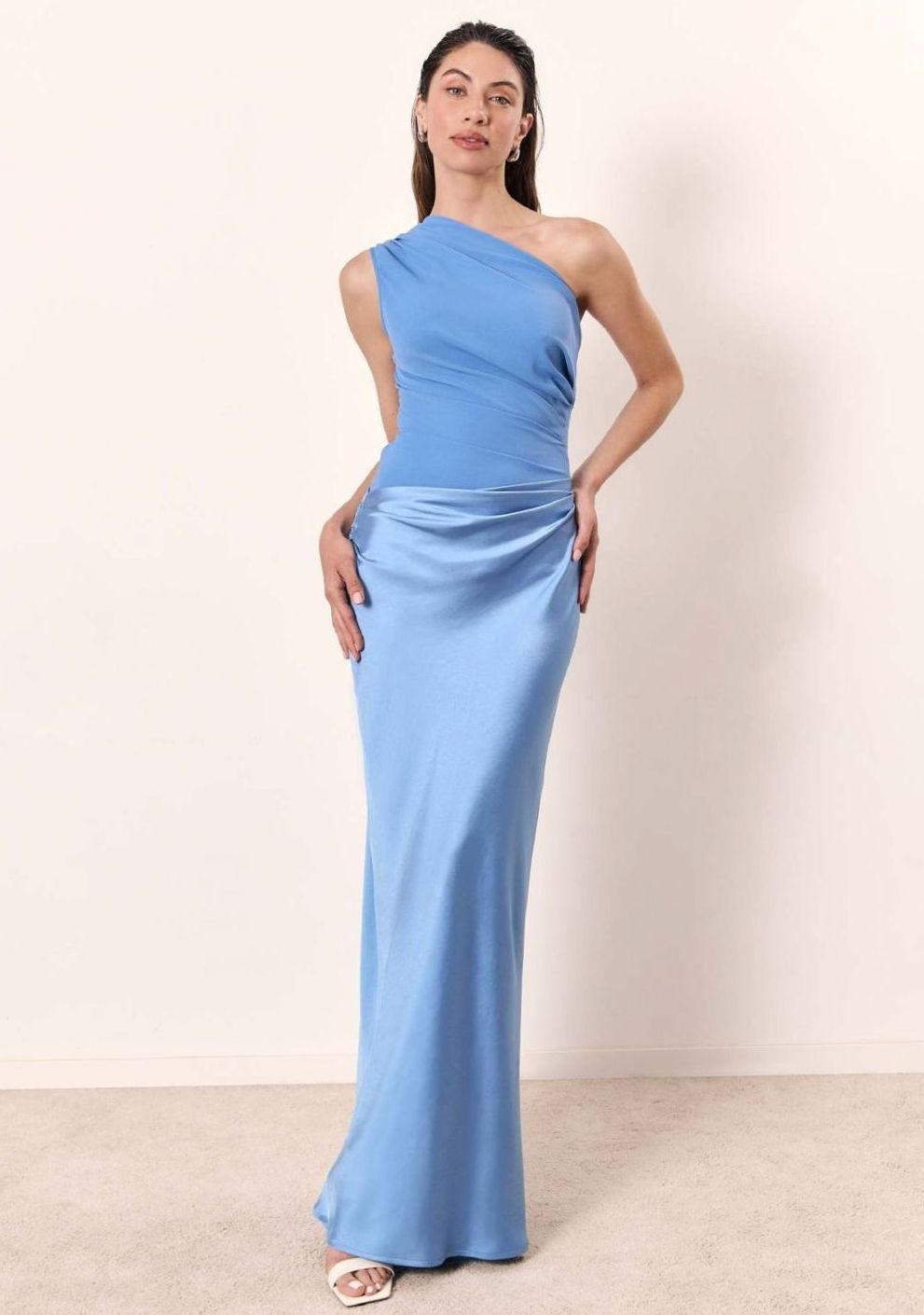Women's Elegant One-Shoulder Ruched Satin Maxi Dress - Sky Blue