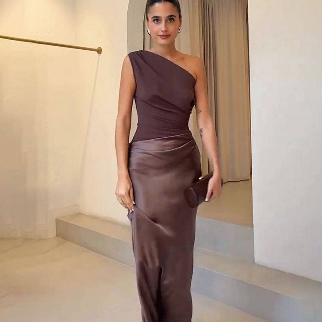 Women's Elegant One-Shoulder Ruched Satin Maxi Dress