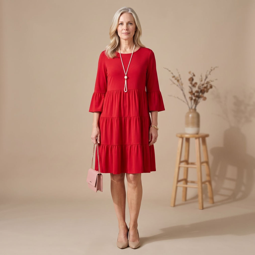 Women's Elegant Tiered Ruffle 3/4 Sleeve Formal Party Dress - Red