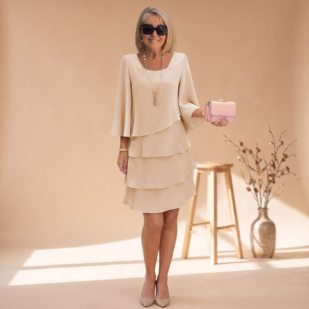 Women's Elegant Tiered Ruffle 3/4 Sleeve Formal Party Dress - Beige