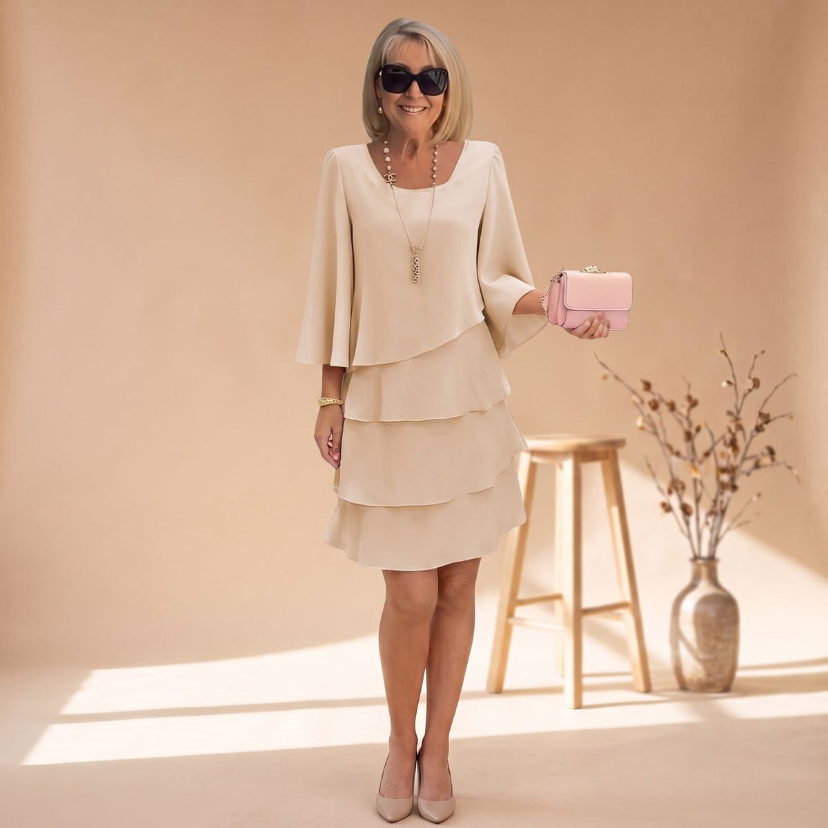 Women's Elegant Tiered Ruffle 3/4 Sleeve Formal Party Dress - Beige