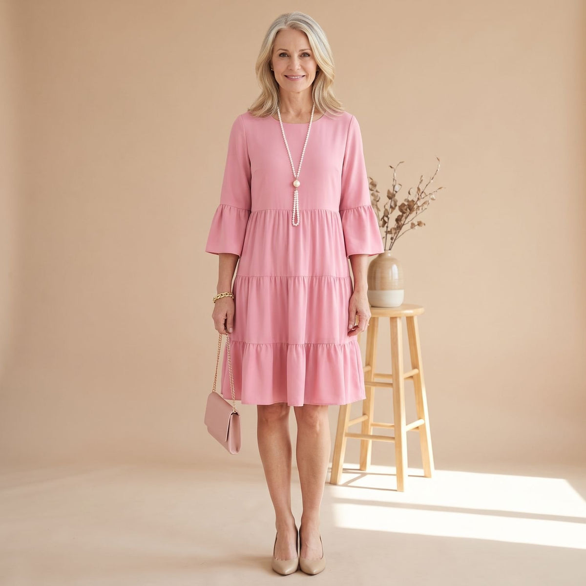 Women's Elegant Tiered Ruffle 3/4 Sleeve Formal Party Dress - Pink