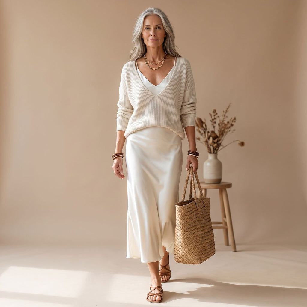 Women's Elegant Two Piece Set Knit Sweater Satin Midi Skirt - White