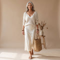 Women's Elegant Two Piece Set Knit Sweater Satin Midi Skirt - White