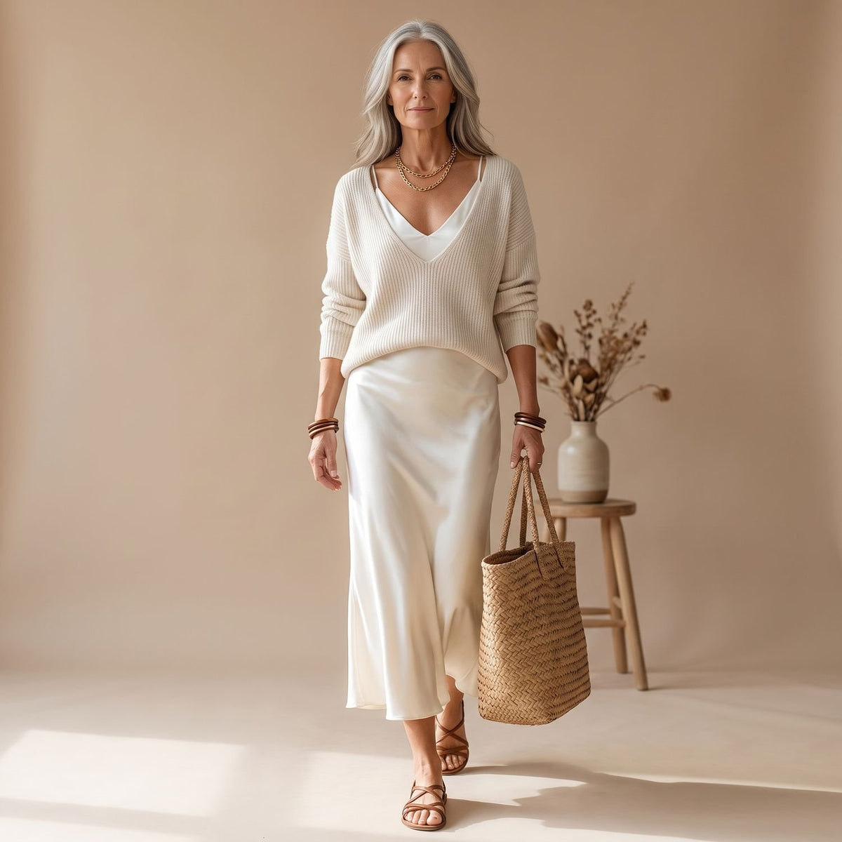 Women's Elegant Two Piece Set Knit Sweater Satin Midi Skirt - White