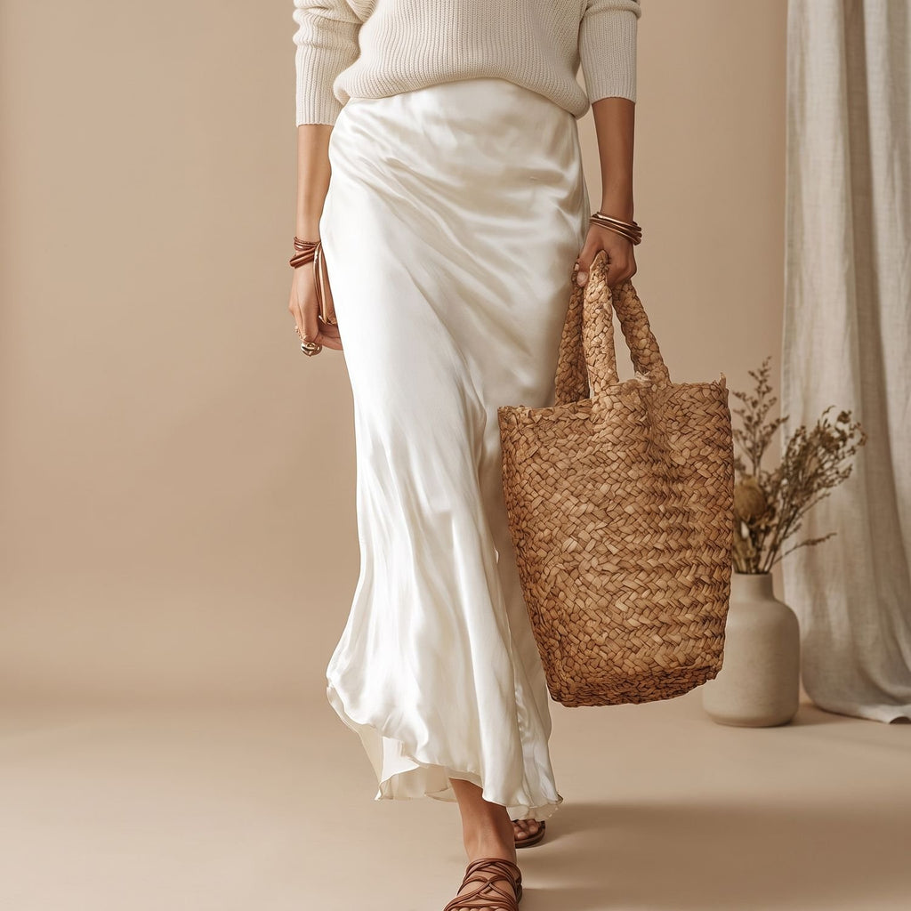 Women's Elegant Two Piece Set Knit Sweater Satin Midi Skirt