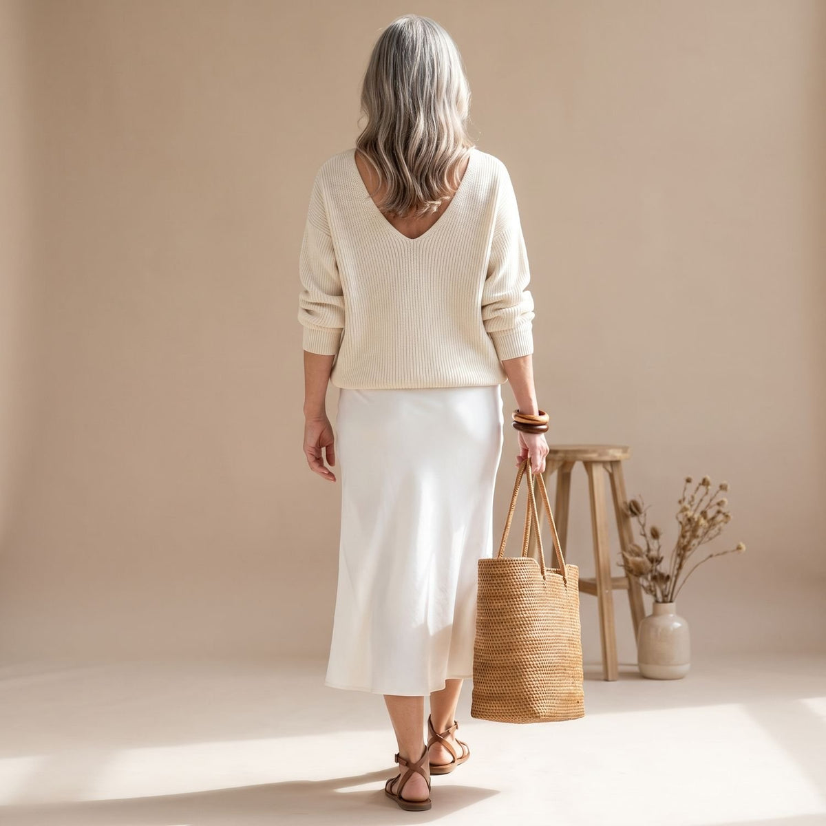 Women's Elegant Two Piece Set Knit Sweater Satin Midi Skirt