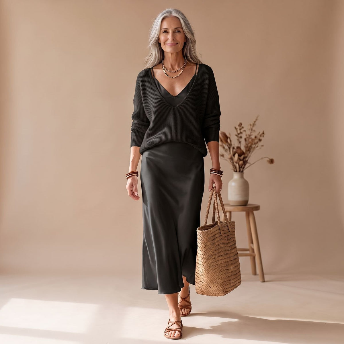 Women's Elegant Two Piece Set Knit Sweater Satin Midi Skirt - Black