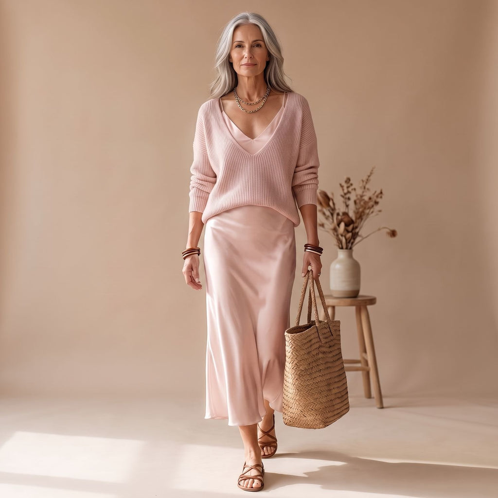 Women's Elegant Two Piece Set Knit Sweater Satin Midi Skirt - Pink