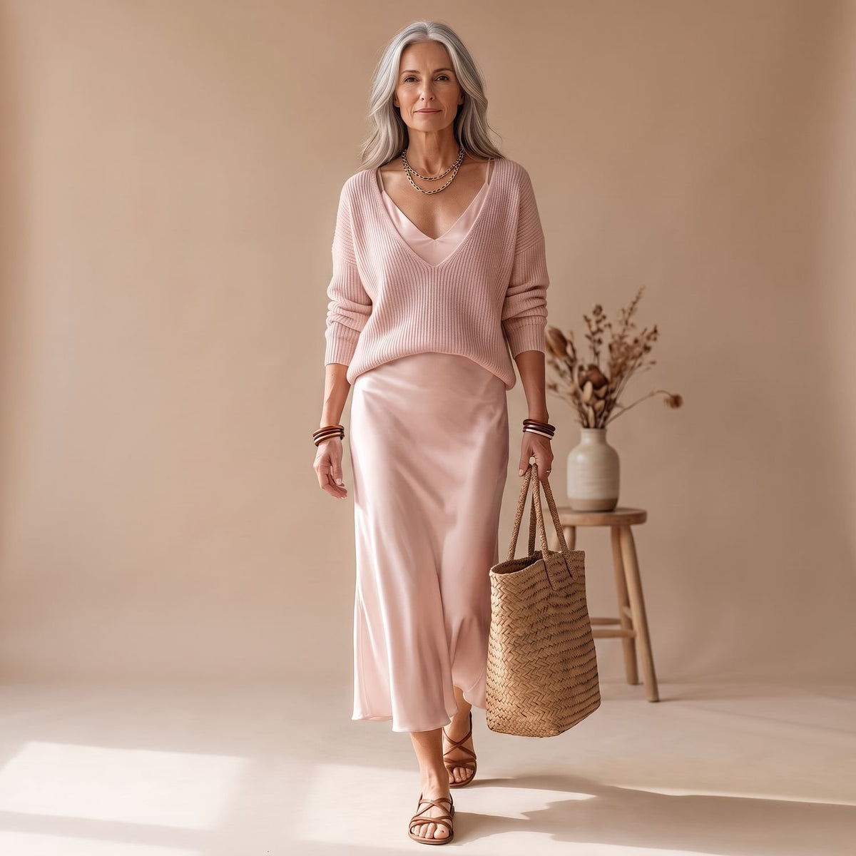 Women's Elegant Two Piece Set Knit Sweater Satin Midi Skirt - Pink