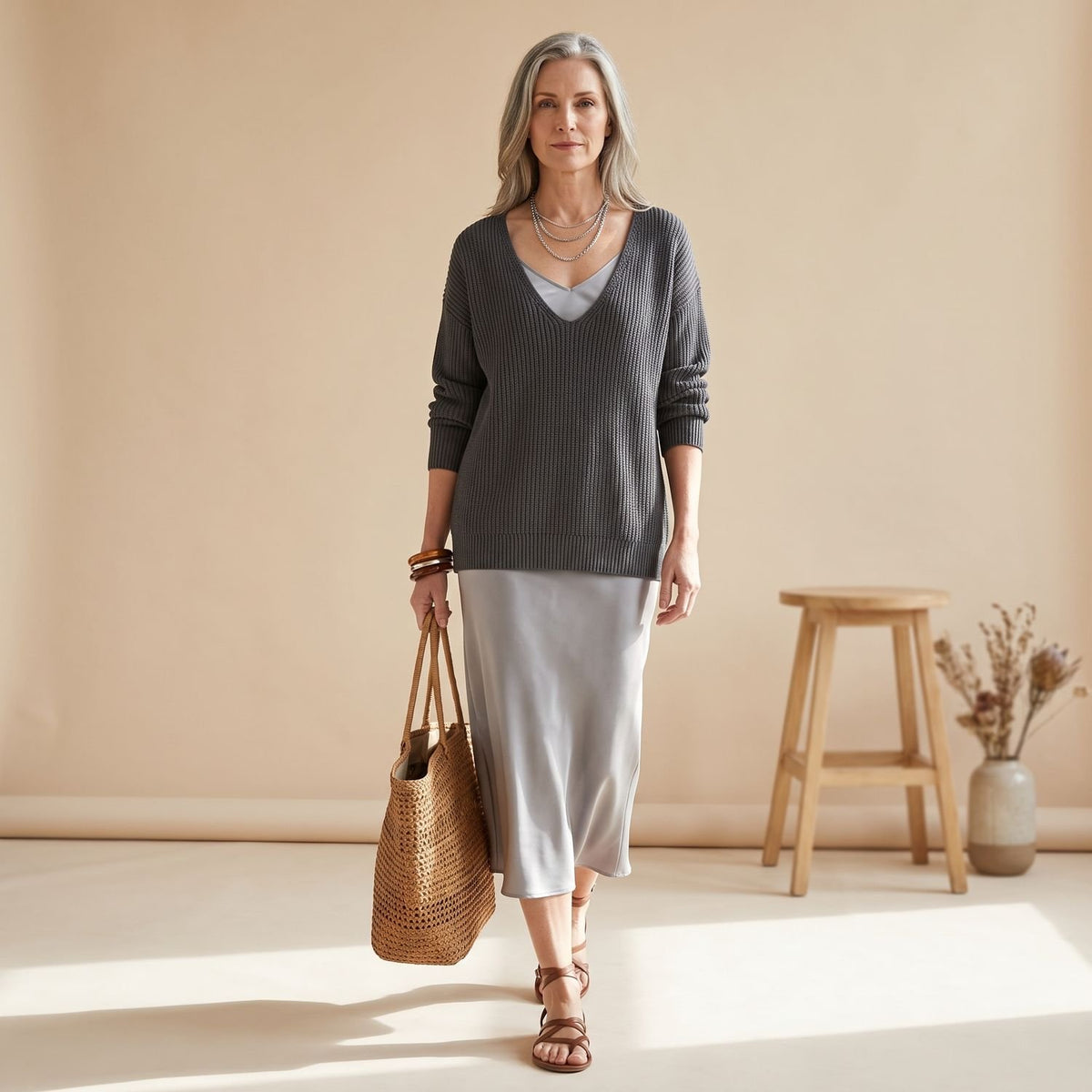 Women's Elegant Two Piece Set Knit Sweater Satin Midi Skirt - Gray