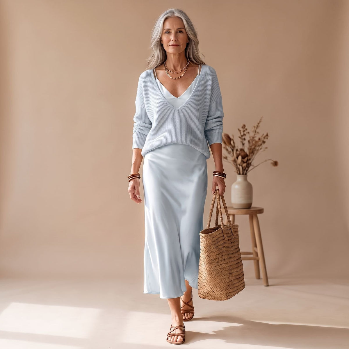 Women's Elegant Two Piece Set Knit Sweater Satin Midi Skirt - Blue