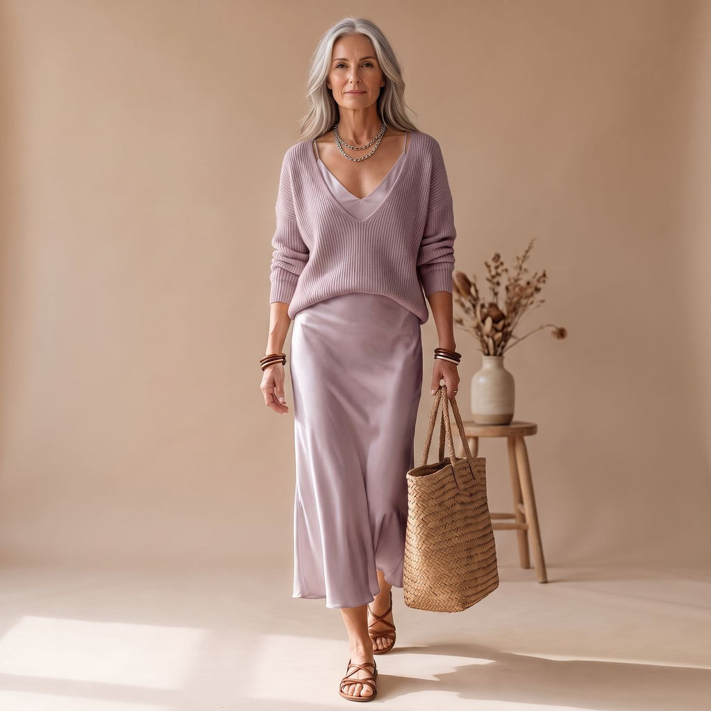 Women's Elegant Two Piece Set Knit Sweater Satin Midi Skirt - Purple