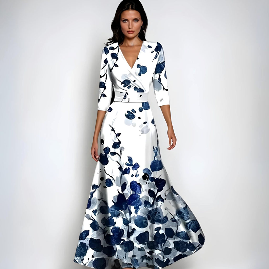Women's Elegant V-Neck Wrap Floral Dress Three-Quarter Sleeve Maxi
