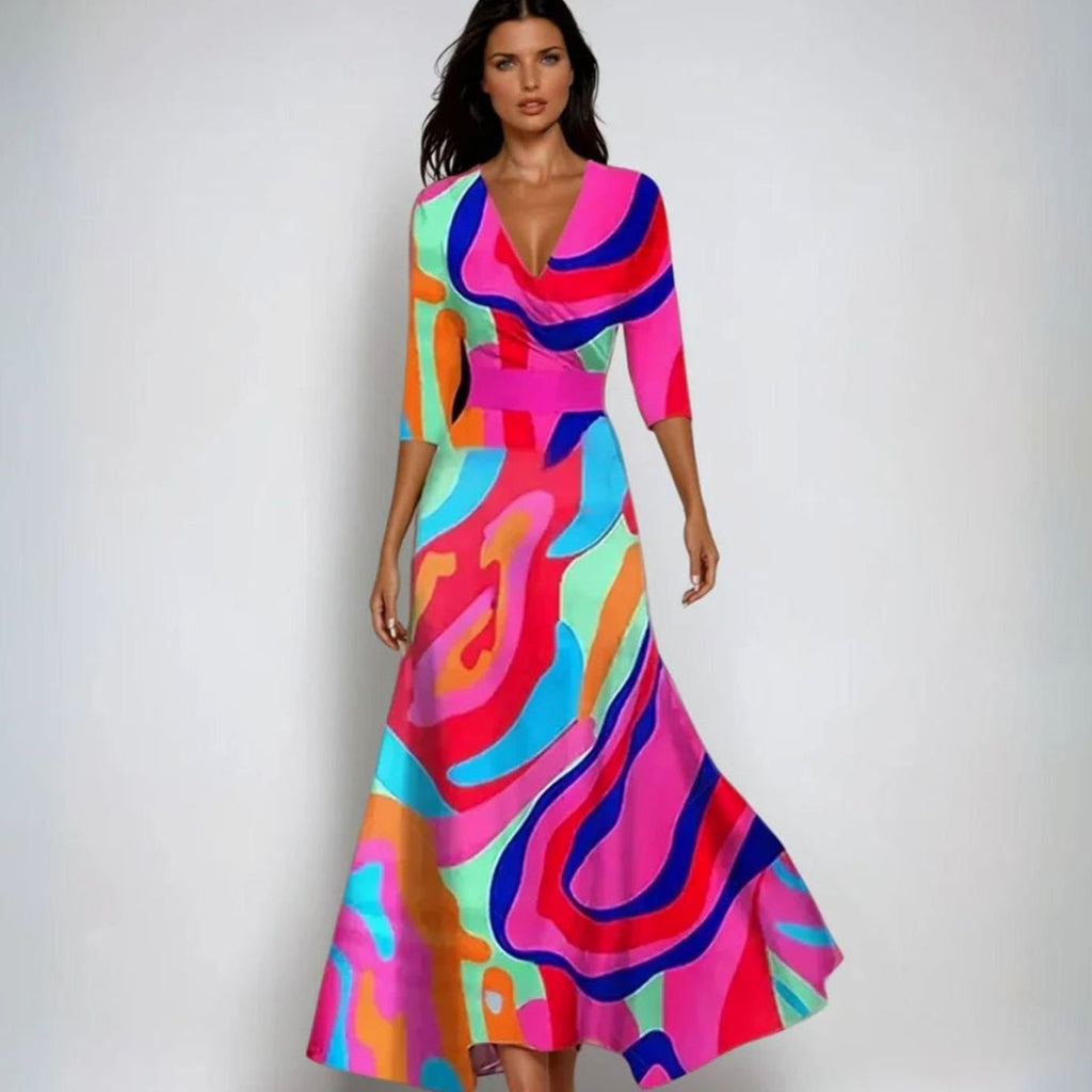 Women's Elegant V-Neck Wrap Floral Dress Three-Quarter Sleeve Maxi - Multicolor