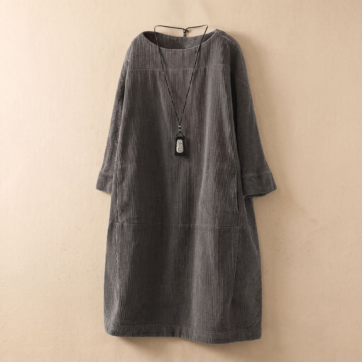 Women's Elegant Vintage Retro Long-Sleeve Midi Dress - Gray