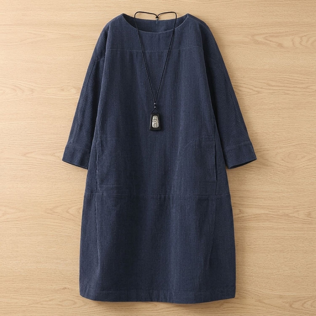 Women's Elegant Vintage Retro Long-Sleeve Midi Dress - Dark Blue