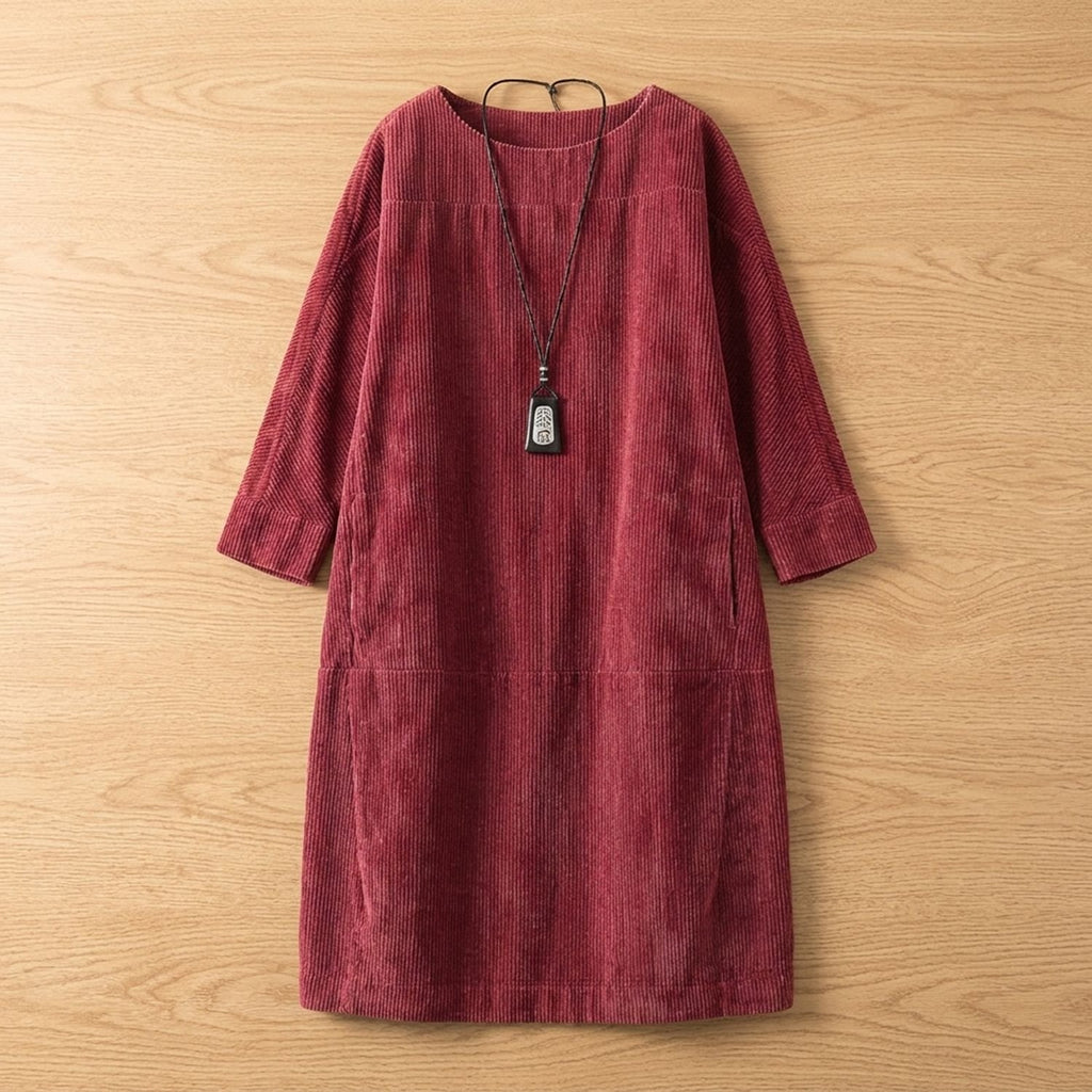 Women's Elegant Vintage Retro Long-Sleeve Midi Dress - Burgundy