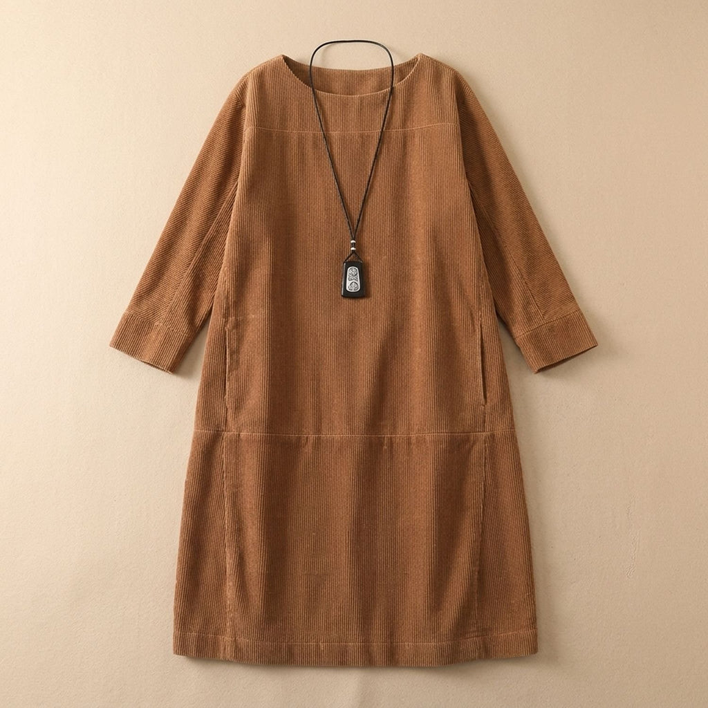 Women's Elegant Vintage Retro Long-Sleeve Midi Dress - Khaki