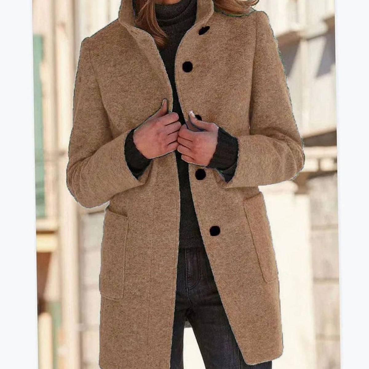 Women's Elegant Winter Coat Stand-Collar Button-Front - Camel