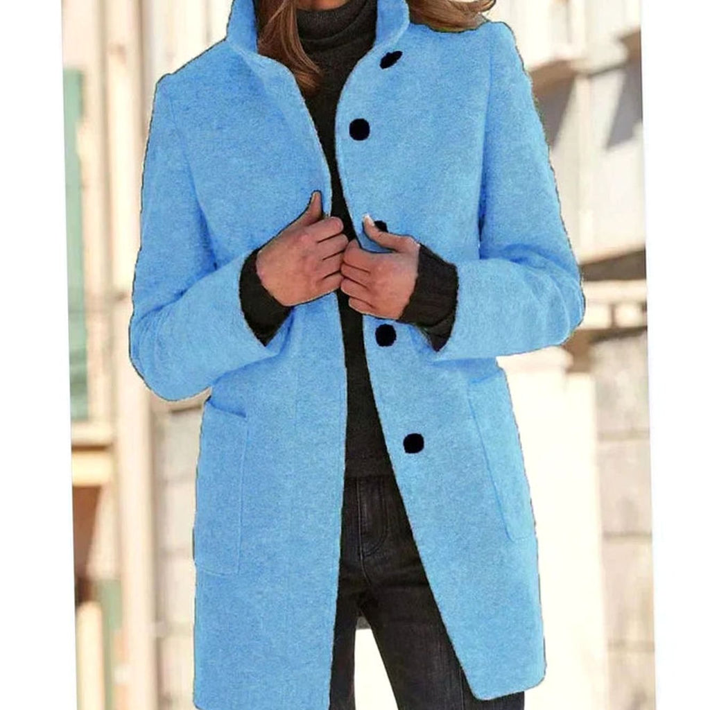 Women's Elegant Winter Coat Stand-Collar Button-Front - Light Blue