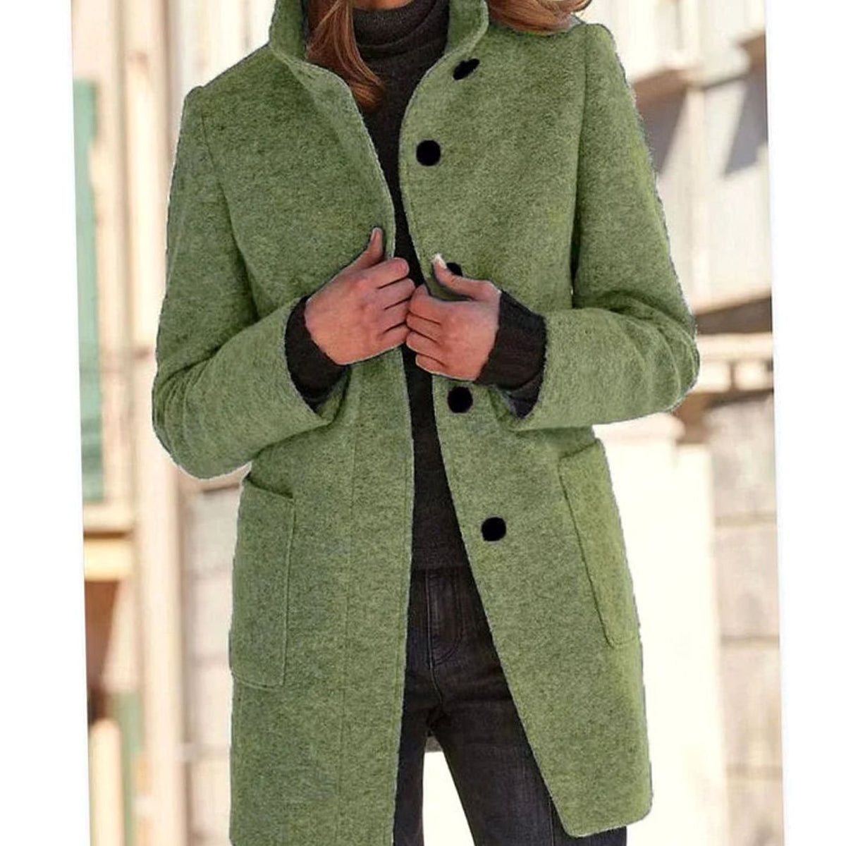 Women's Elegant Winter Coat Stand-Collar Button-Front - Light Green